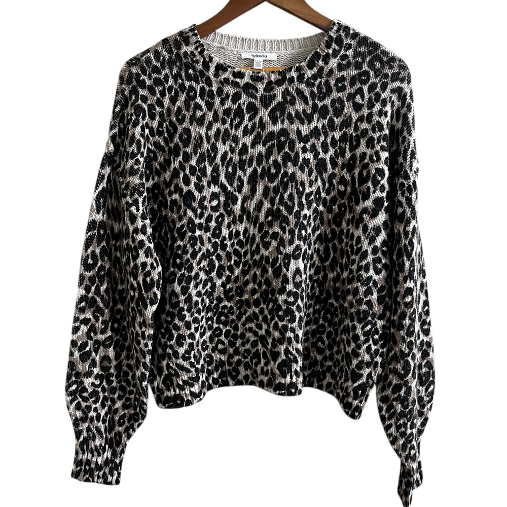 Splendid Leopard Print Knit Crewneck Sweater Womens Small Neutral Animal Pattern